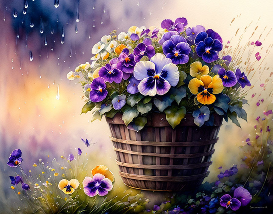 Multicolored pansies in a rain shower with soft-focus yellow and purple background