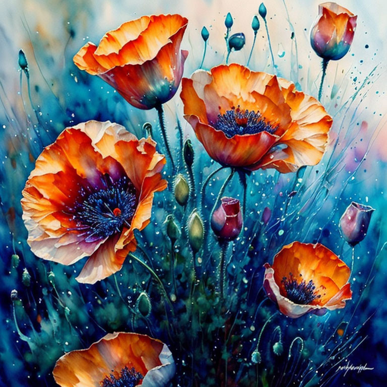 Dynamic Watercolor Painting of Vibrant Orange Poppies with Deep Blue Accents