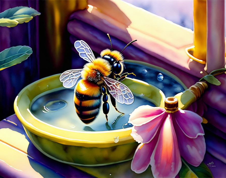 Colorful Bee Drinking Water from Yellow Dish with Pink Flower