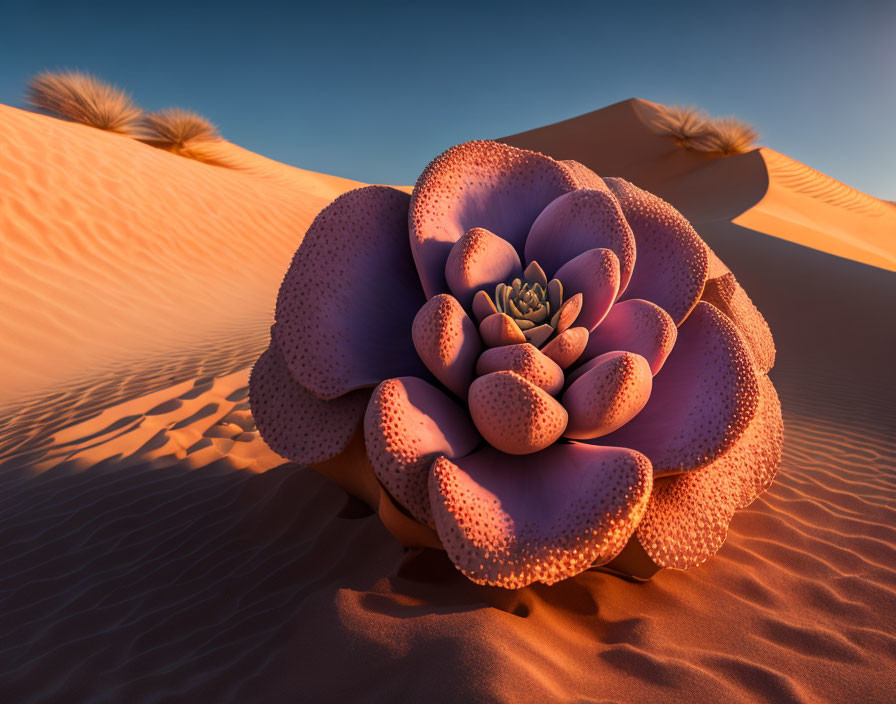 Large Purple Flower-Like Structure on Desert Sand Dune with Grass and Sunlight