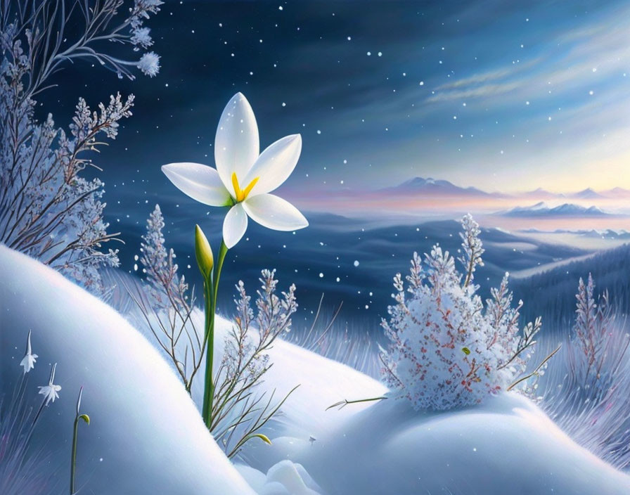 White Flower Blooming in Snowy Landscape with Mountains and Starry Sky