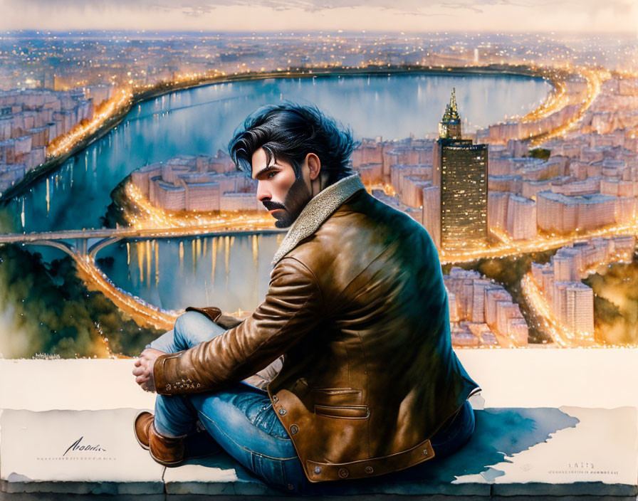 Pensive man in leather jacket gazes at cityscape at twilight