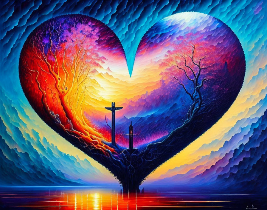 Heart-shaped frame painting with fiery and tranquil sides and cross over reflective water.