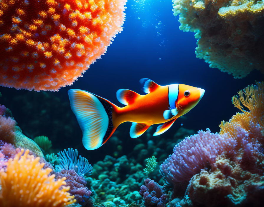 Colorful Clownfish Among Vibrant Coral Reefs in Deep Blue Ocean