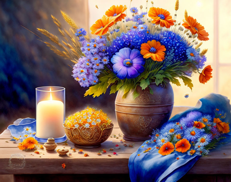 Colorful still life painting with blue and orange flowers, candle, petals, and blue cloth