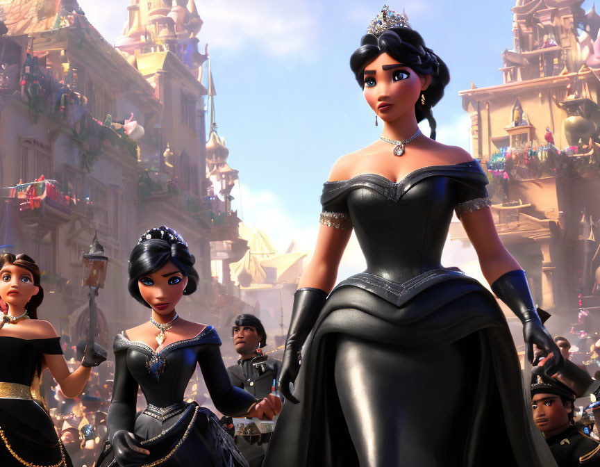 Regal woman in black gown and tiara surrounded by festive town scene