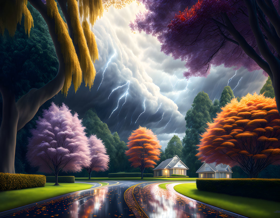 Multicolored trees on wet road leading to cozy house under stormy sky