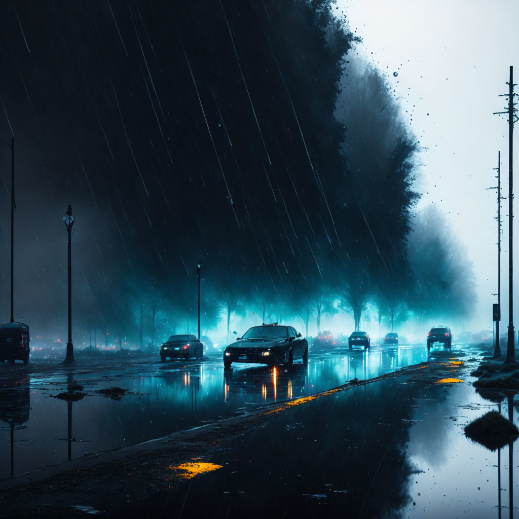 Rainy Night Street Scene with Cars and Blue Streetlights