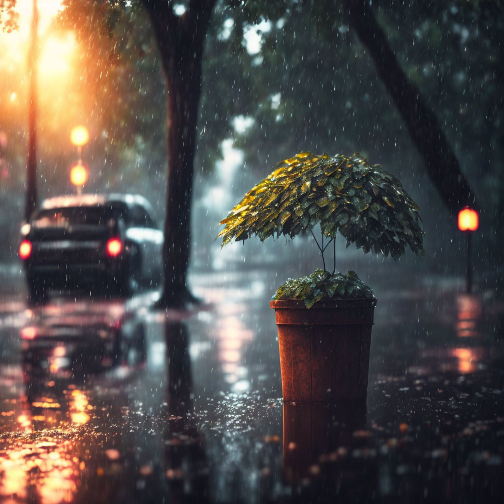 Lush green potted plant in rain on urban street with cars and stormy atmosphere