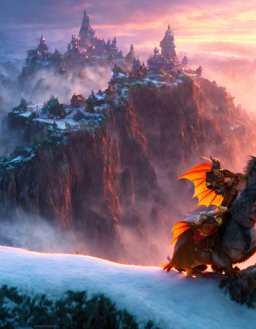 Majestic dragon on snowy cliff in mystical sunset landscape