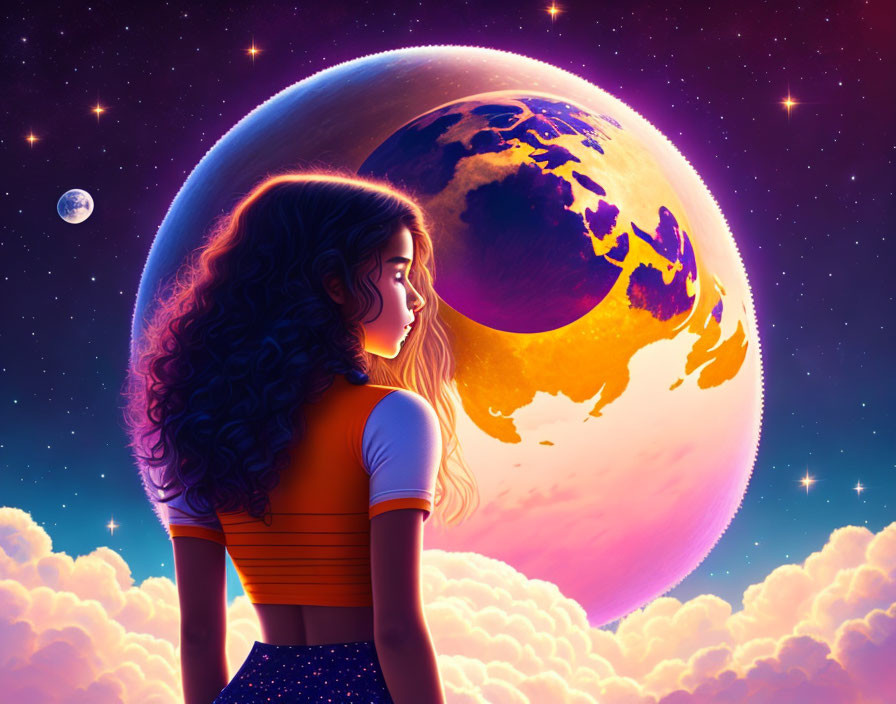 Curly Haired Girl Looking at Colorful Earth in Starry Sky