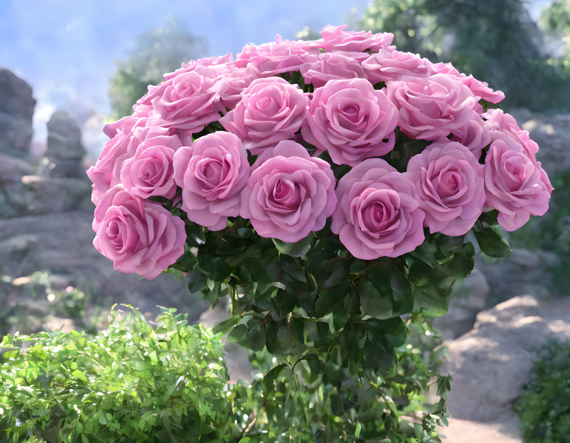 Pink Roses Bouquet on Stem with Greenery and Soft-focus Background