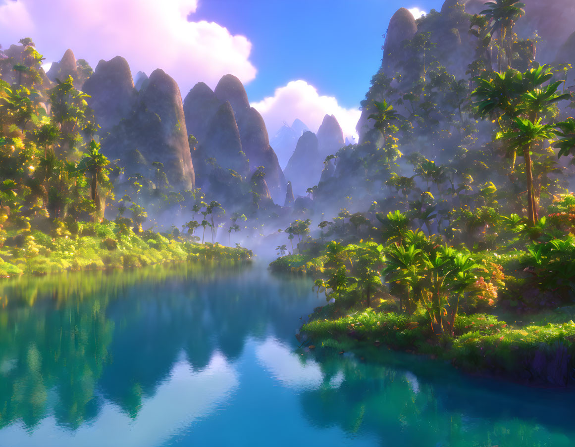 Tranquil landscape with blue lake, palm trees, misty mountains