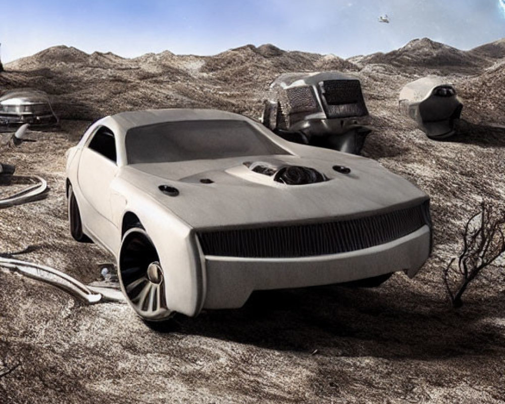 Futuristic vehicle on barren rocky landscape with spacecraft in sky