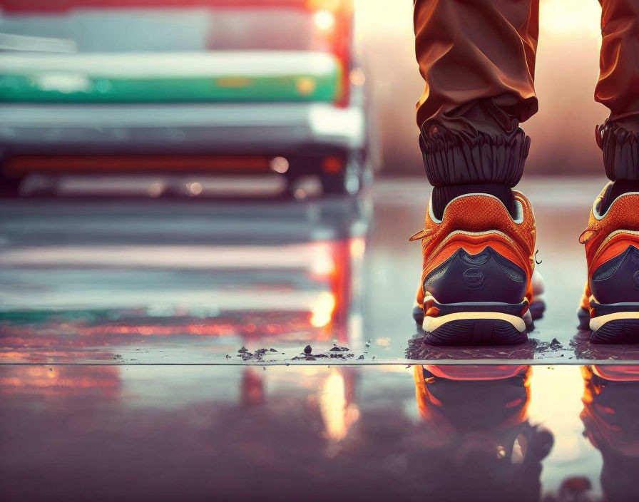 Person's Feet in Orange Sneakers on Wet Asphalt with Car Lights