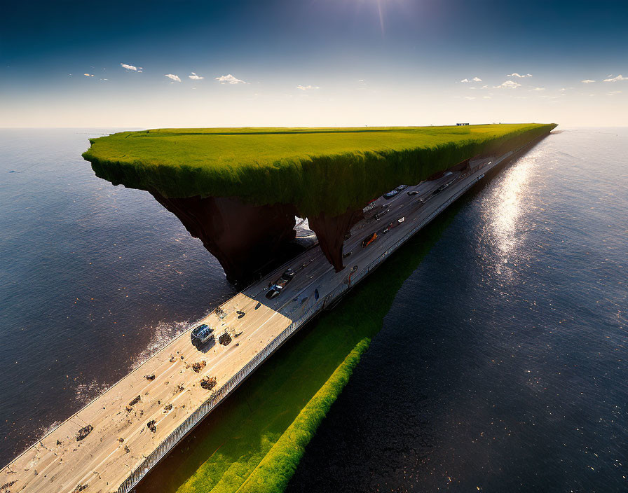 Surreal flat grass landmass floating above coastal highway