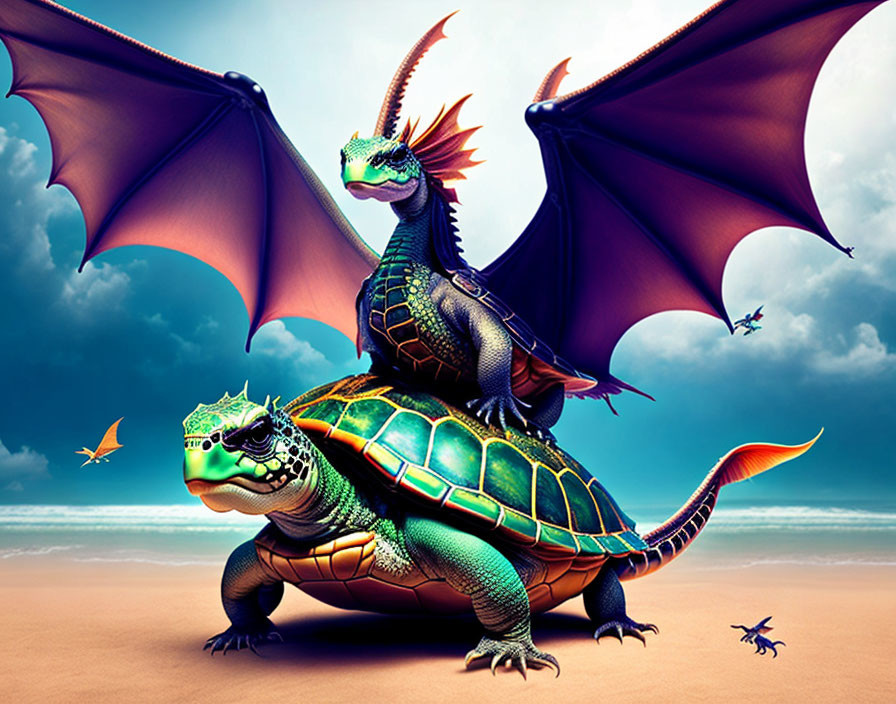 Colorful digital artwork of green dragon on turtle with wings at beach