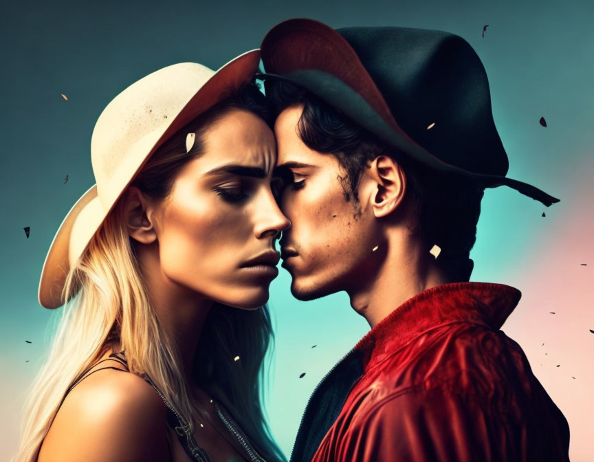 Stylized profile view of man and woman touching foreheads on teal background