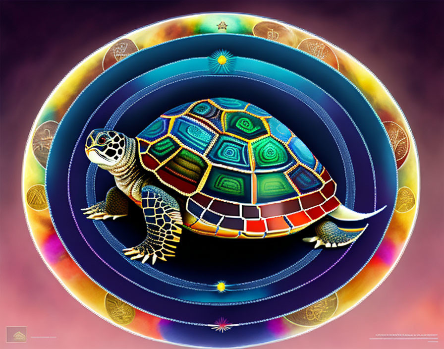 Colorful Geometric Turtle Artwork with Celestial Symbols