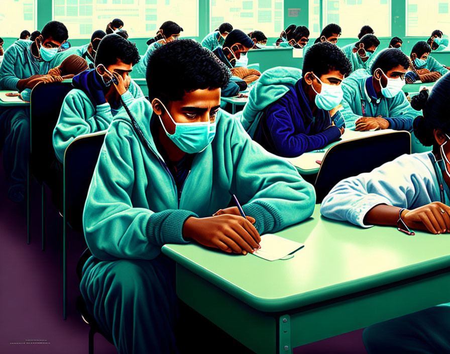 Students in teal uniforms wearing face masks writing at desks in organized classroom.