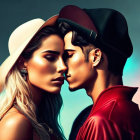 Stylized profile view of man and woman touching foreheads on teal background