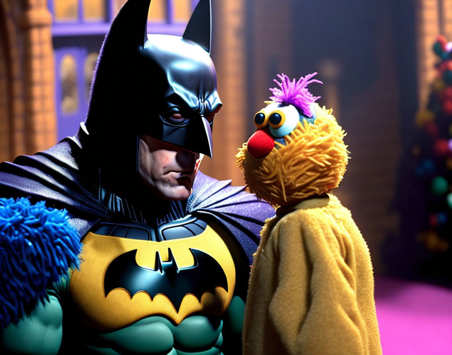 Detailed Batman costume person with colorful bird-like Muppet character in conversation on purple background