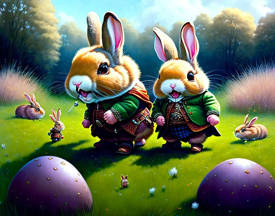 Anthropomorphic rabbits in human clothing explore vibrant fantasy meadow