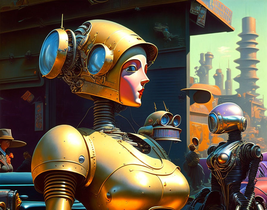 Golden humanoid robot in futuristic cityscape with other robots