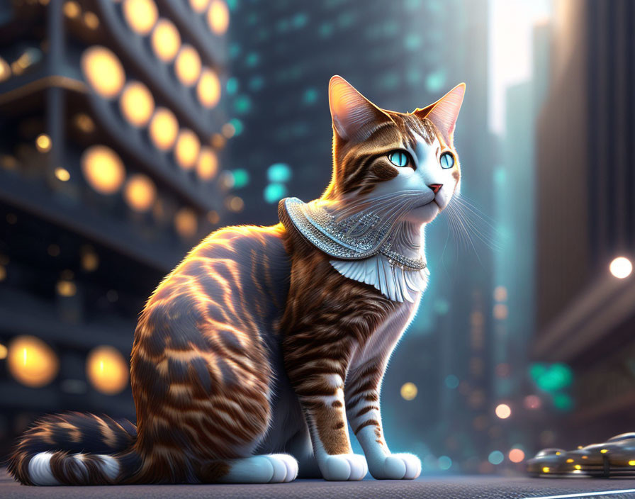 Tabby Cat with Ruff Collar in Cityscape at Dusk