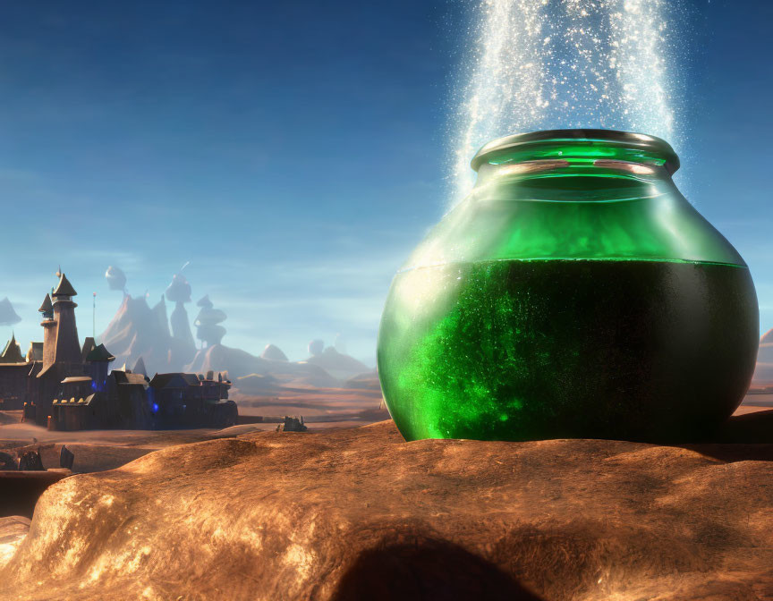 Glowing green potion in glass jar with whimsical castle in desert landscape