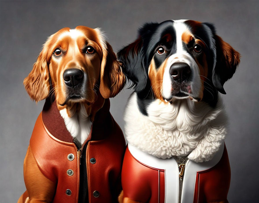 Two dogs in different colored jackets posing for a portrait