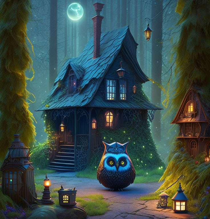 Enchanting owl in mystical forest night scene with cozy cottage