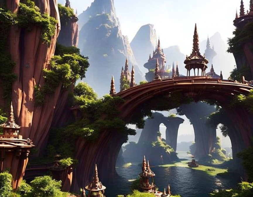 Fantastical landscape with towering rock formations and pagoda-style structures