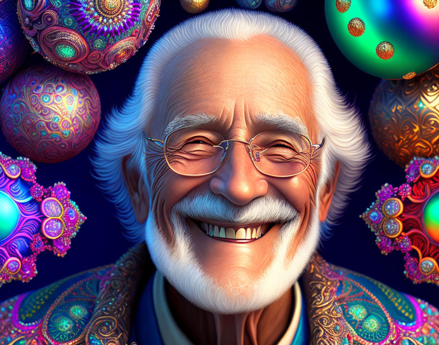 Elderly man with glasses in vibrant fractal background