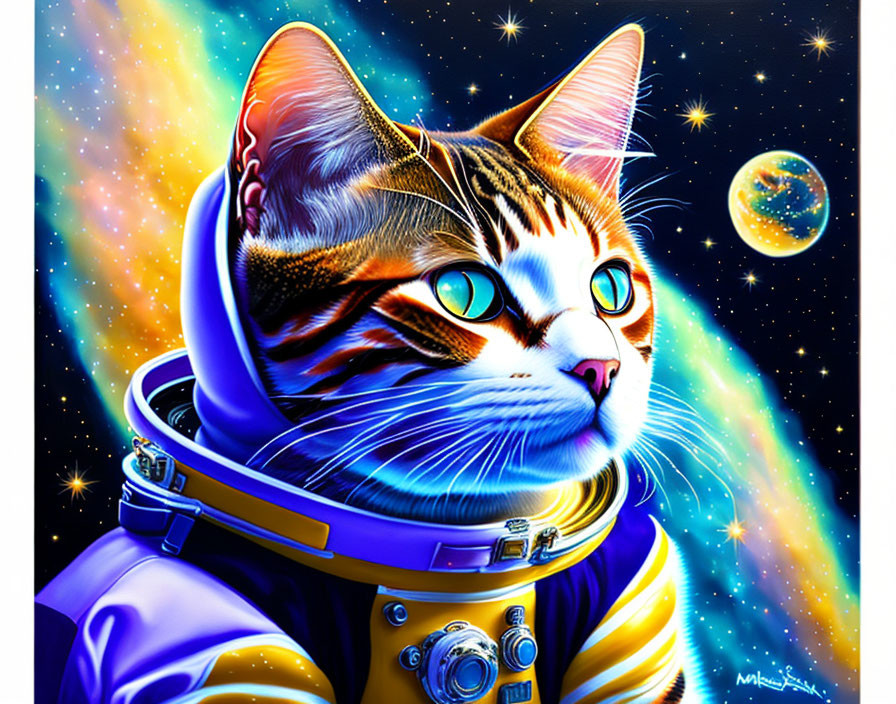 Colorful Cat in Space Helmet with Stars and Planet Background