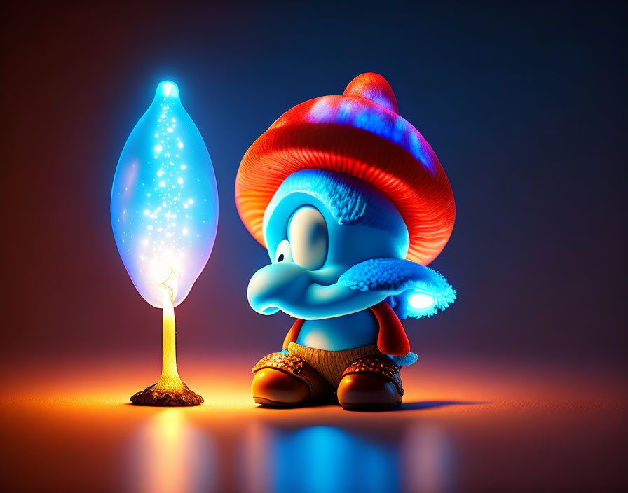 Colorful 3D illustration of small blue character and magical tree