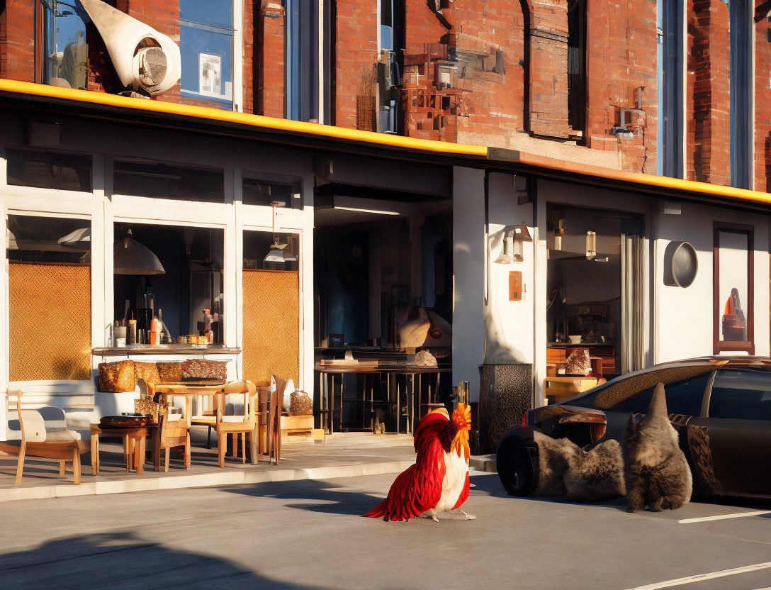 Chicken strolling by sunny street with cafe, car, and urban backdrop