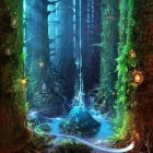 Enchanting owl in mystical forest night scene with cozy cottage