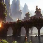 Fantastical landscape with towering rock formations and pagoda-style structures