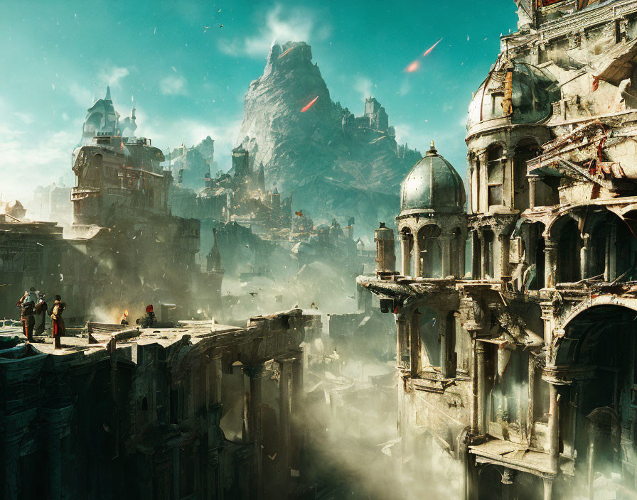 Fantasy cityscape with ancient ruins, people on ledge, mountain, falling meteors