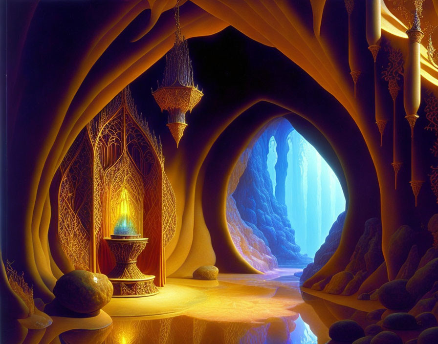 Enchanting Cave with Glowing Lamp and Blue Ice Passage