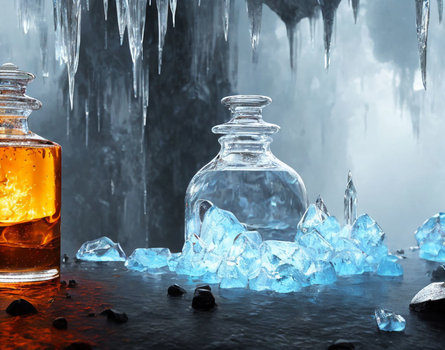 Transparent glass bottles with amber liquid, ice crystals, rocks, and icicles.