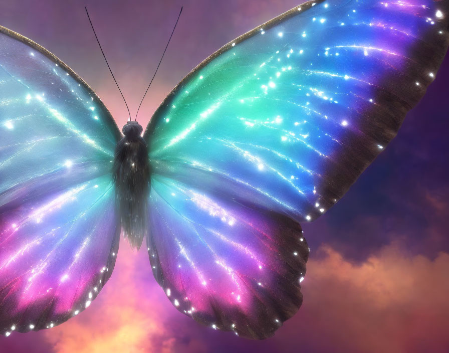 Vibrant digitally enhanced butterfly with multicolored wings on purple and pink cloud background