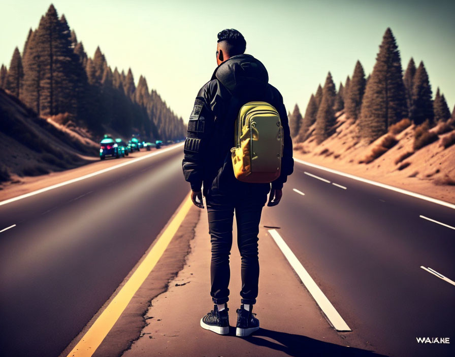 Person with Yellow Backpack Standing on Empty Road with Tall Trees and Vehicles in Distance