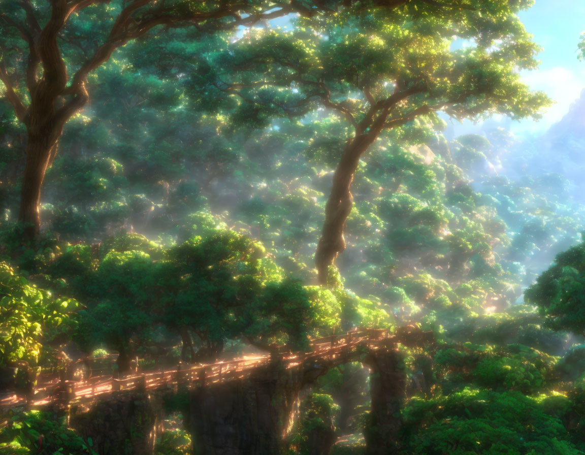 Tranquil Forest Scene with Wooden Bridge and Sunlit Trees