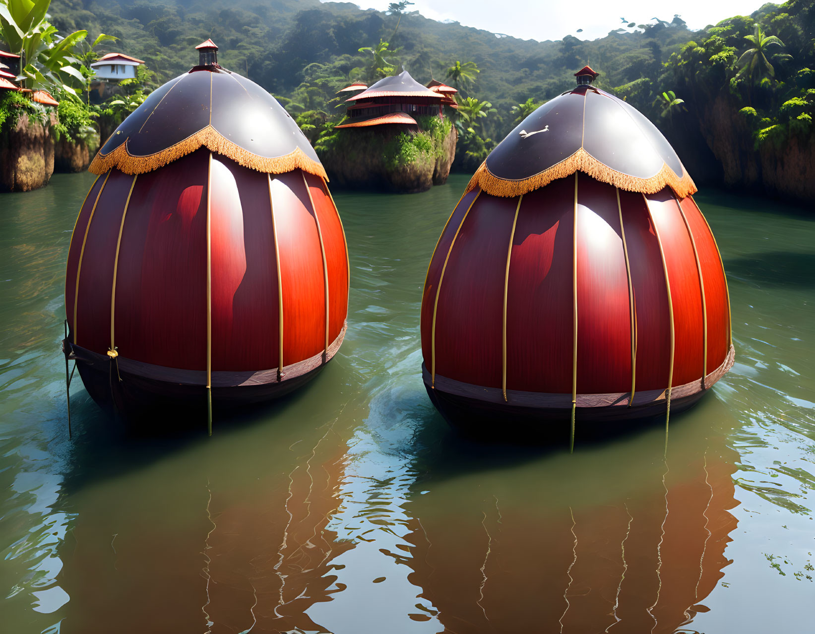 Red and Black Spherical Structures in Green-water River