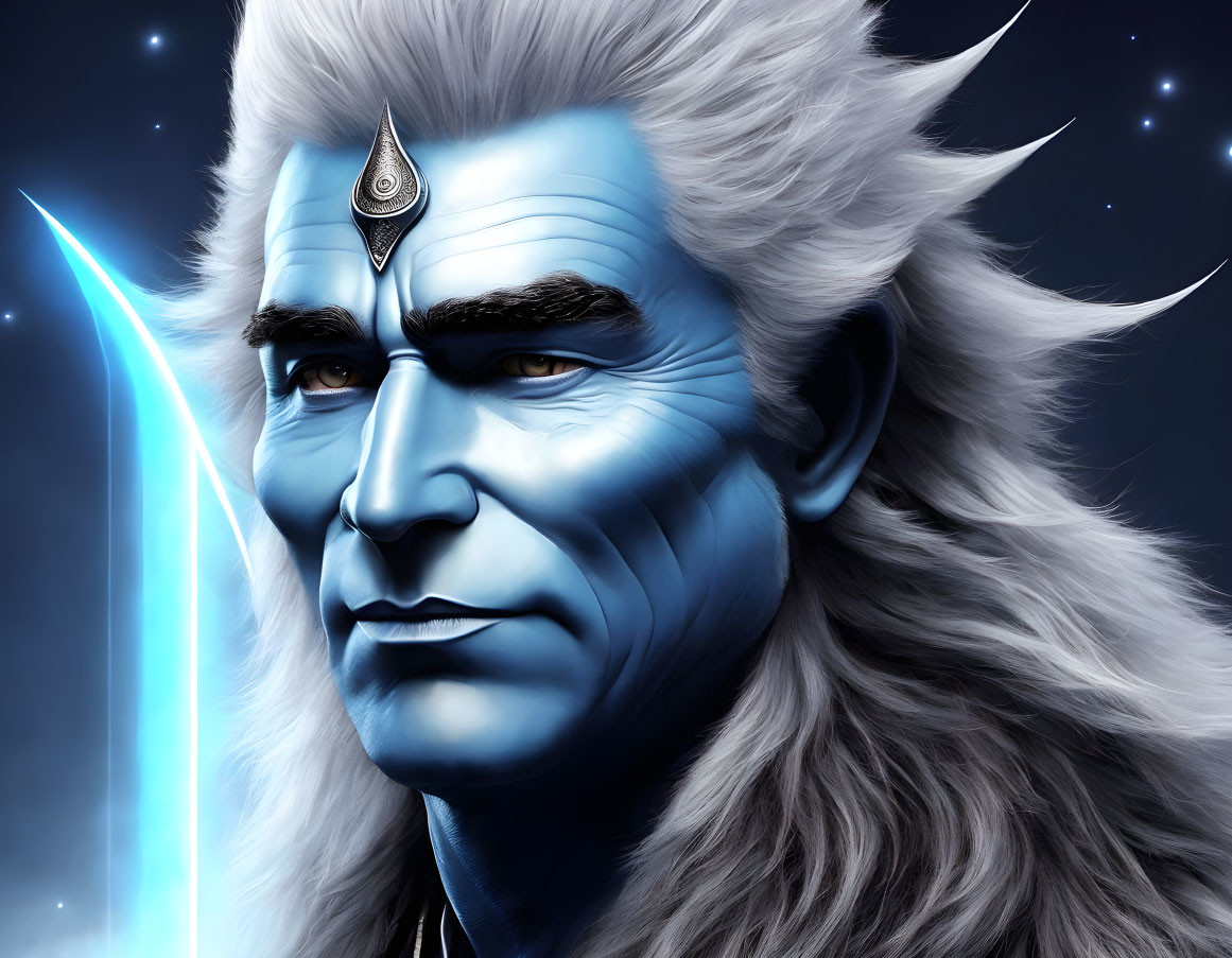 Fantasy character with blue skin, white hair, decorative forehead piece, and glowing blue sword