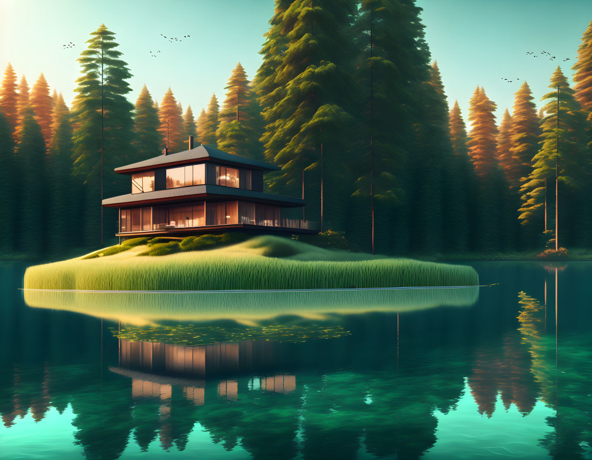 Glass house on grassy island surrounded by lake, pine forest, and birds at dusk