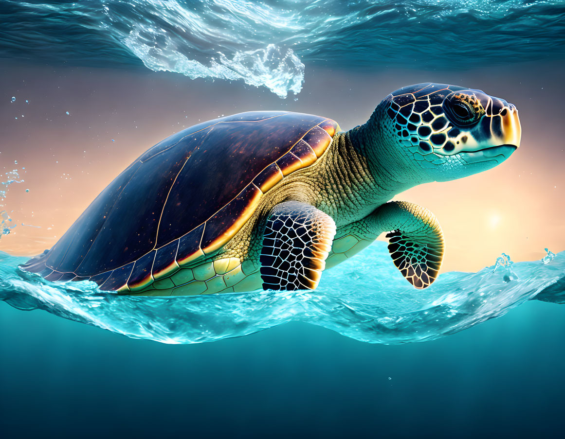 Underwater sea turtle with reflective shell and bubbles swimming.