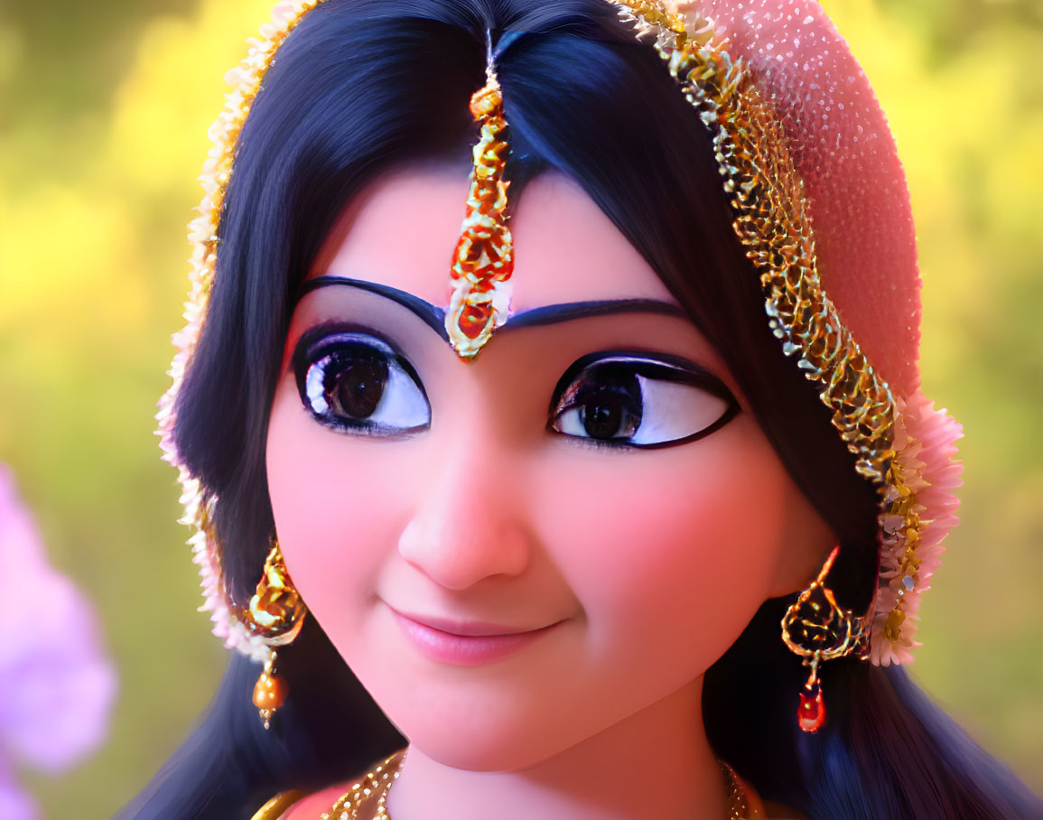 Detailed Traditional South Asian Attire on Smiling Female Character